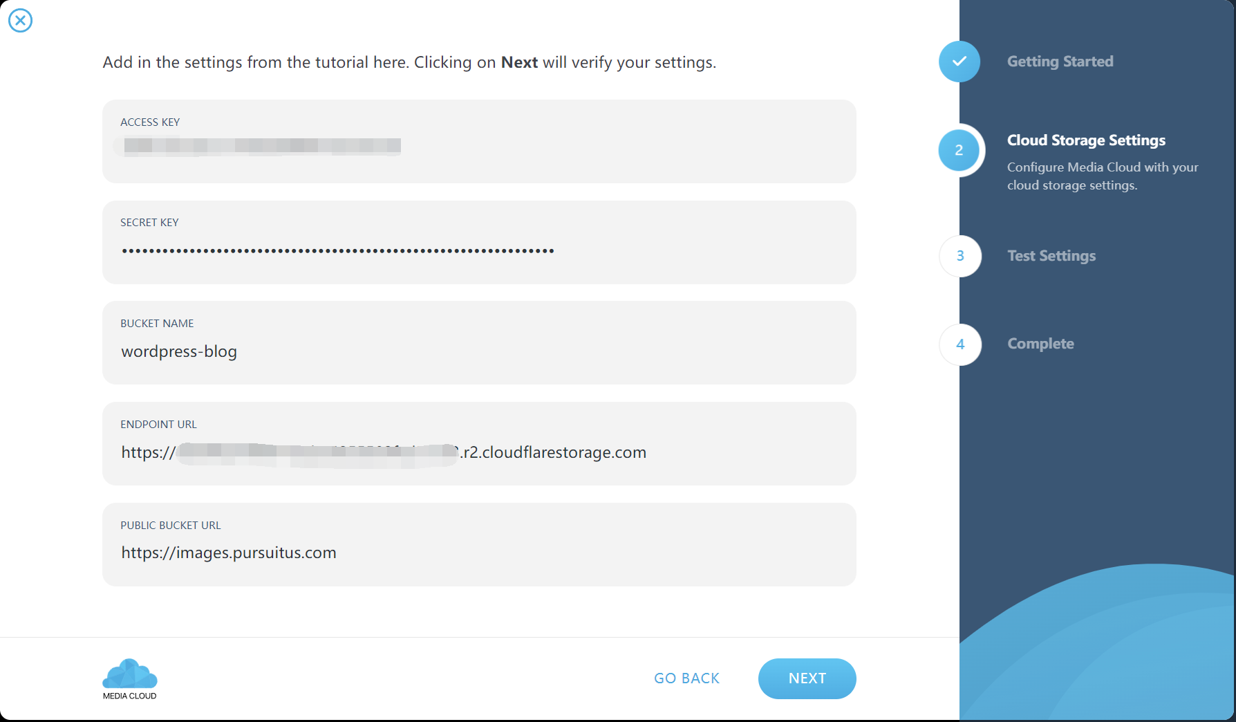 Media Cloud settings screen